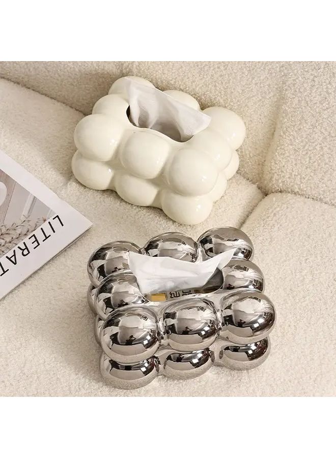 صندوق المناديل السيراميكي اللامع الفضي على شكل كرة بيضة الدجاج للمنزل غرفة المعيشة المطعم - Image 2